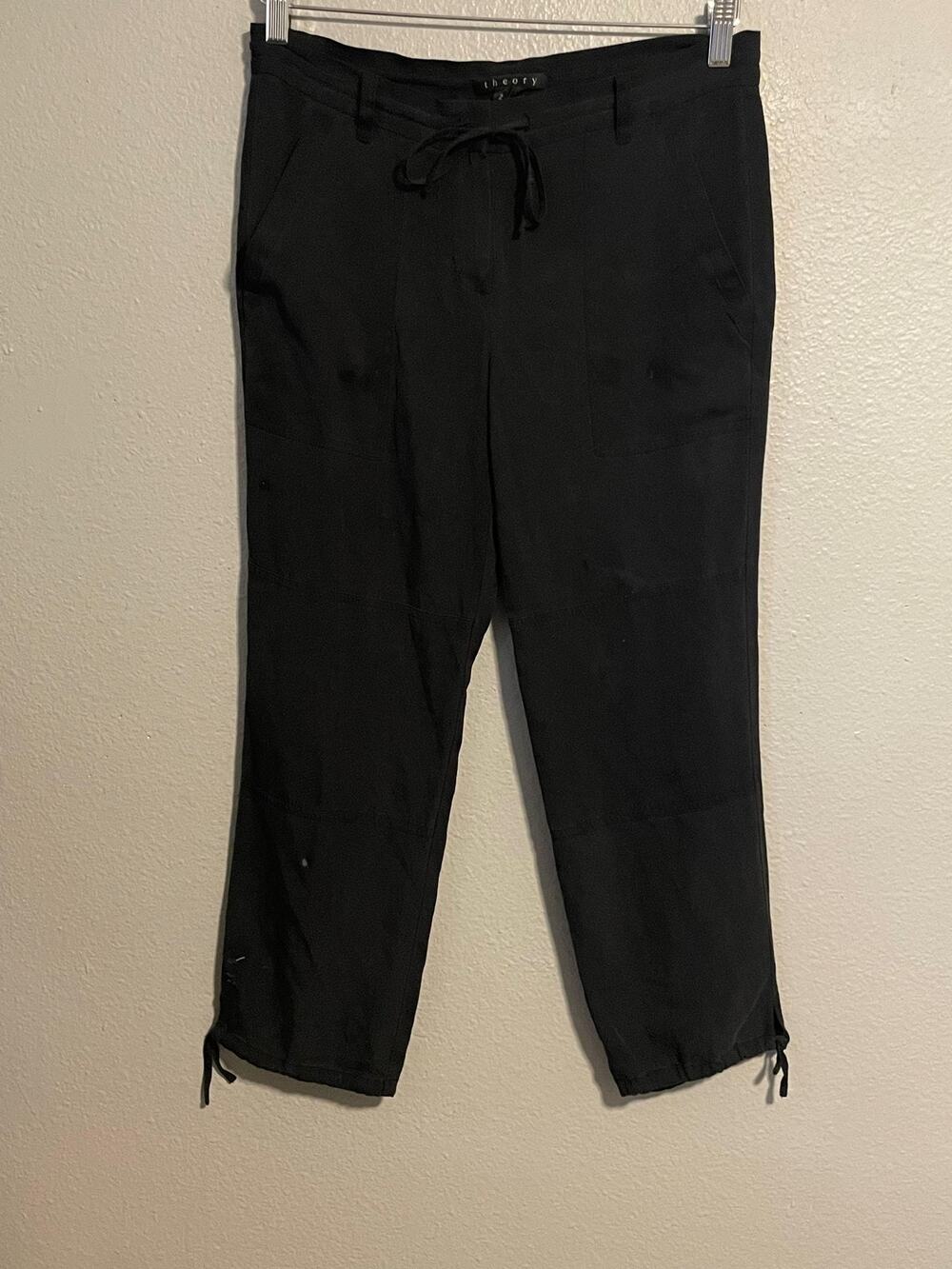 Theory Womens Pants Size 2 Black Crepe Silk Drawstring Elastic Waist Crop FLAW